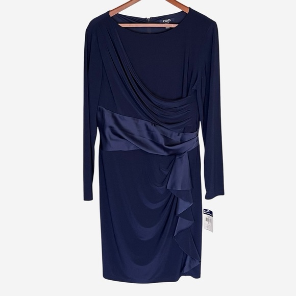 CHAPS Dress Womens XL Navy Blue Satin Sash Ruffle Front Elegant Cocktail NEW - Picture 1 of 10